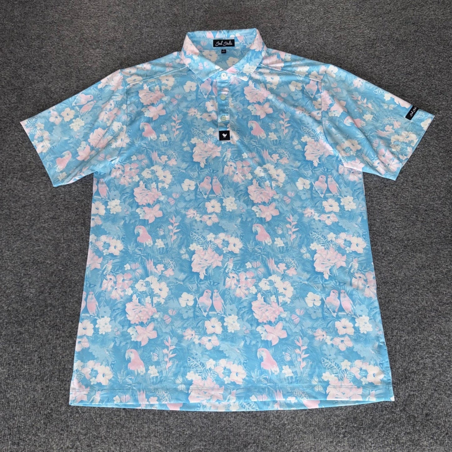 Bad Birdie Golf Polo Shirt Men Large Blue Pink Floral Parrot Short Sleeve Casual