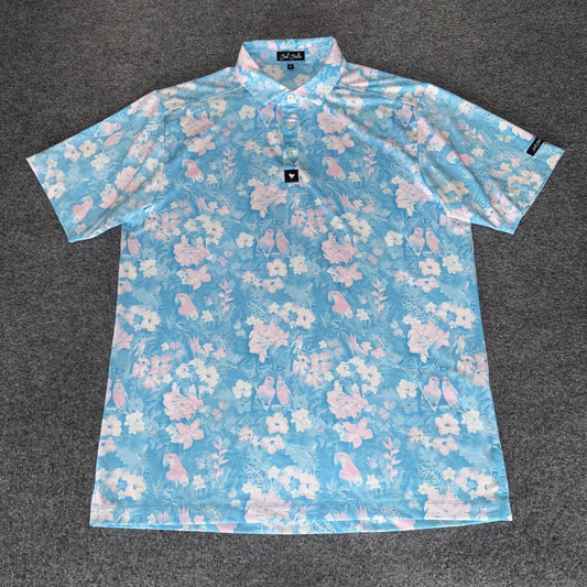 Bad Birdie Golf Polo Shirt Men Large Blue Pink Floral Parrot Short Sleeve Casual