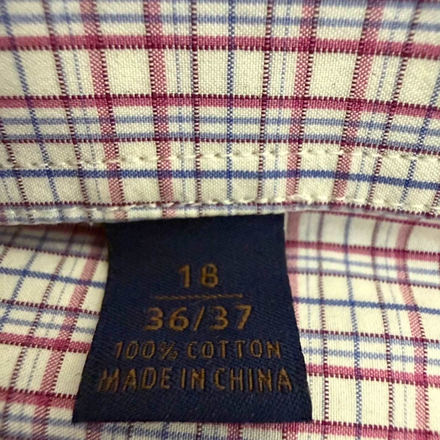 David Donahue Mens 18 36/37 Plaid Dress Shirt Blue Purple Cotton Button Down