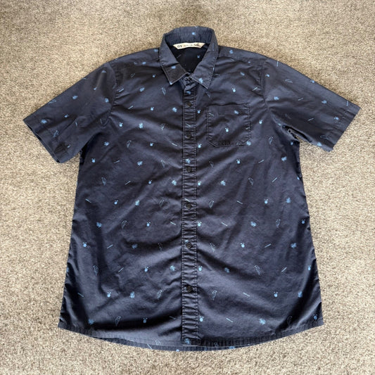 Travis Mathew Shirt Men Large Navy Blue Tropical Parrot Pineapple Button Up Golf