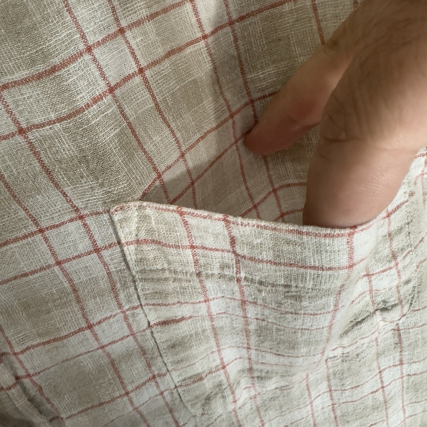 Mutual Weave Shirt Mens XL Beige Red Plaid Linen Short Sleeve Button Up Pocket