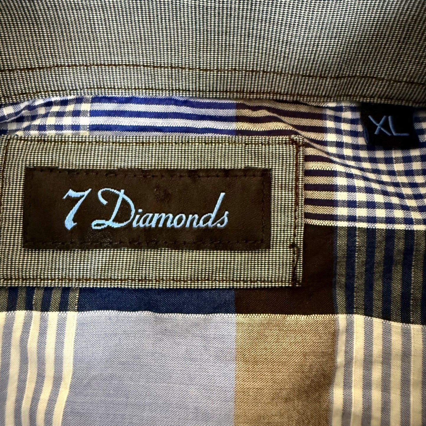 7 Diamonds Shirt Mens XL Blue Plaid Short Sleeve Pearl Snap Cowboy Western Rodeo