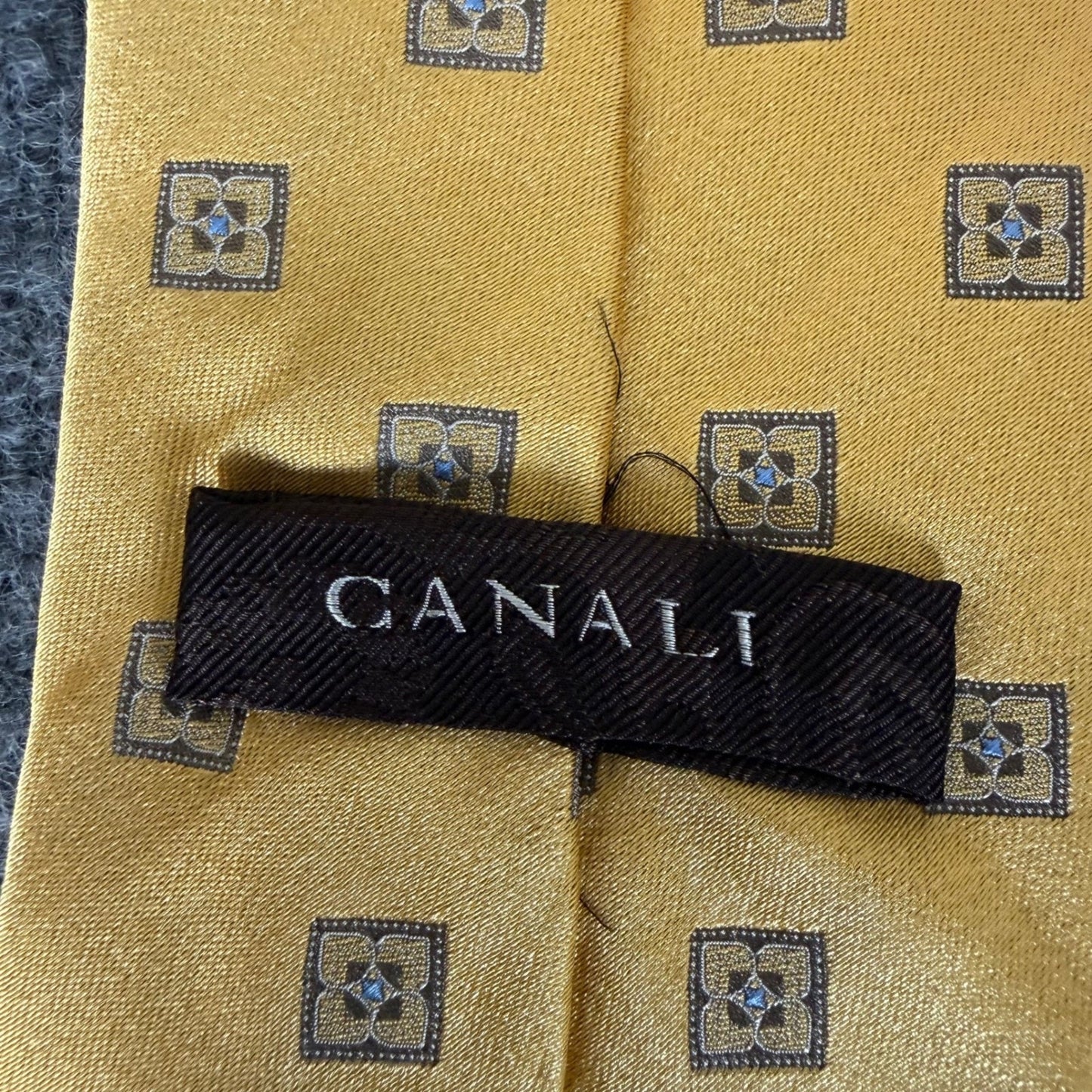 Canali Mens Silk Tie Yellow Geometric Medallion Made in Italy Formal Necktie