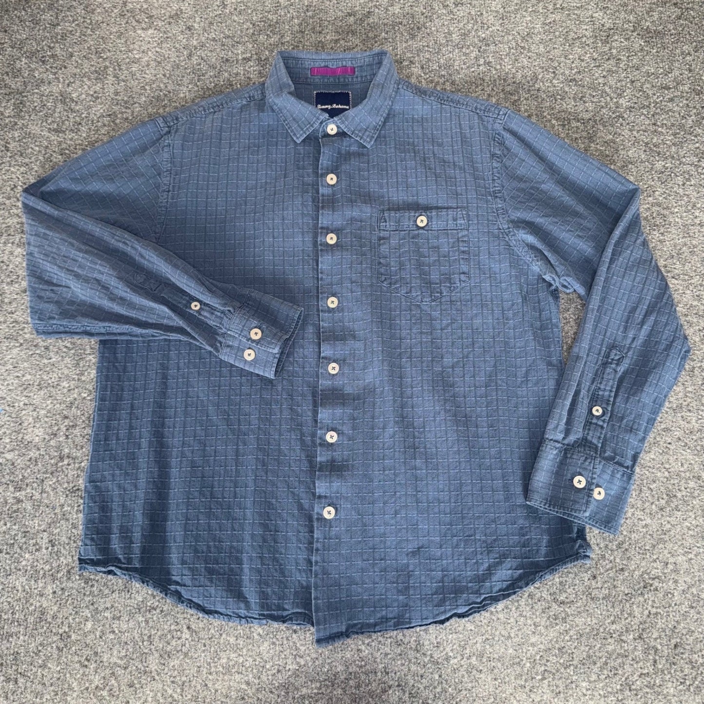 Tommy Bahama Mens Large Blue Silk Cotton Textured Grid Long Sleeve Button Shirt