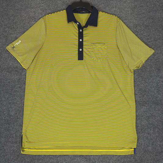 RLX Ralph Lauren Polo Shirt Mens XL Yellow Striped Short Sleeve Stretch Adult