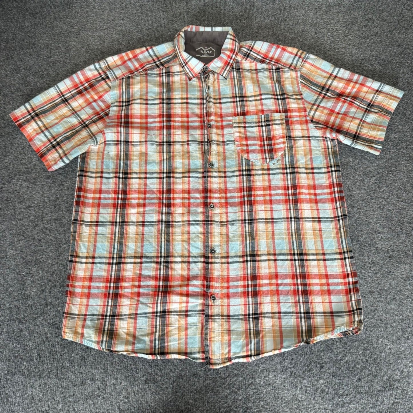 KAVU Shirt Mens Large Plaid Short Sleeve Button Up Casual Hiking Outdoor