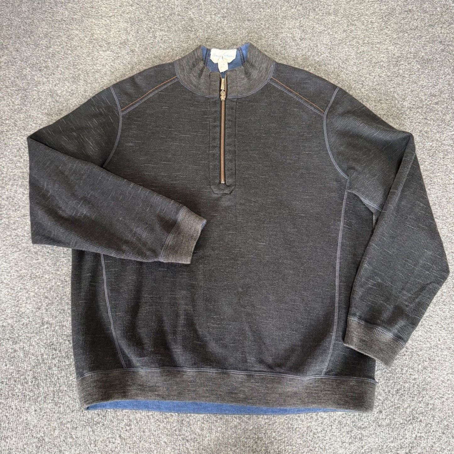 Tommy Bahama Reversible Quarter Zip Pullover Mens Large Grey Blue Cotton Tencel