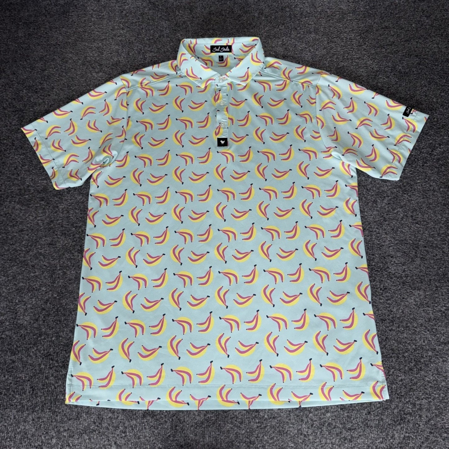 Bad Birdie Mens Large Banana AOP Golf Polo Shirt Short Sleeve Performance Casual