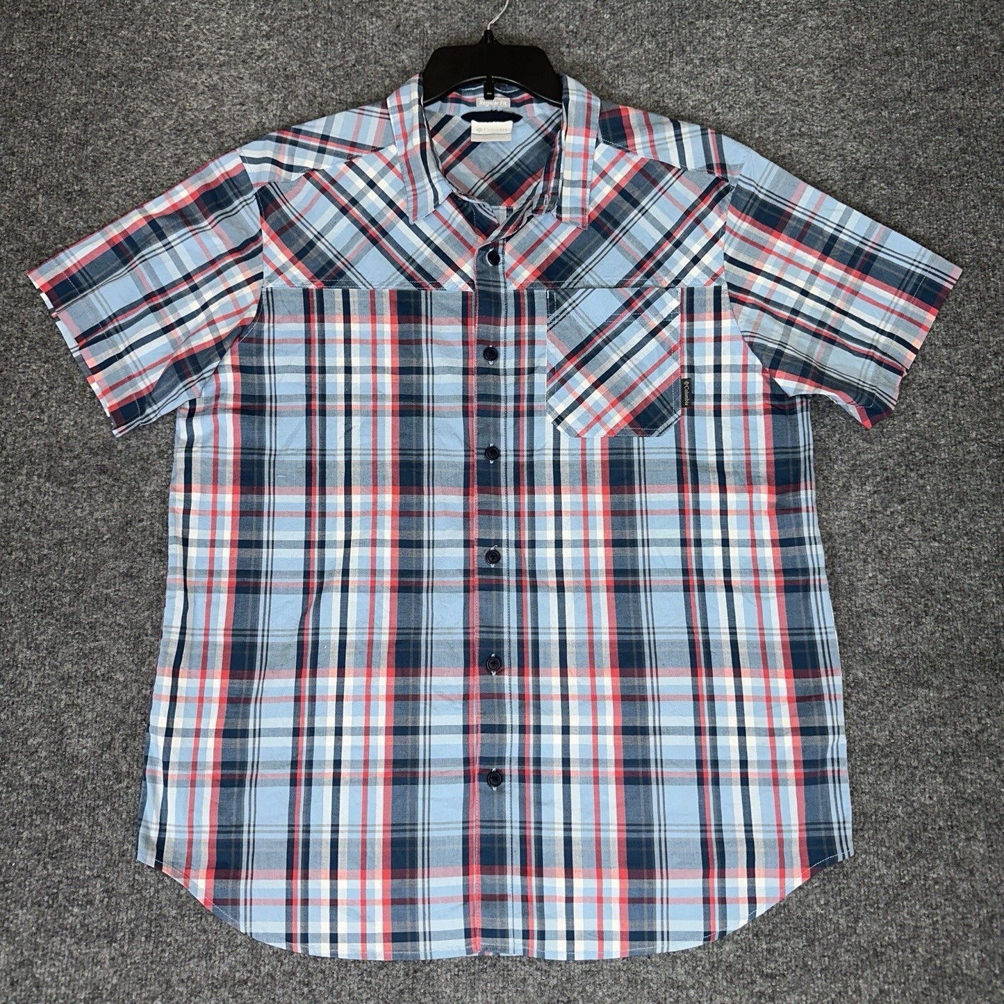 Columbia Shirt Mens Large Blue Plaid Short Sleeve Button Up Pocket Casual Cotton