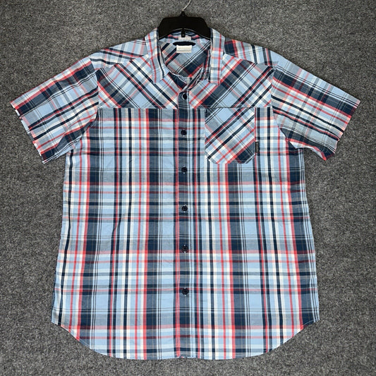 Columbia Shirt Mens Large Blue Plaid Short Sleeve Button Up Pocket Casual Cotton