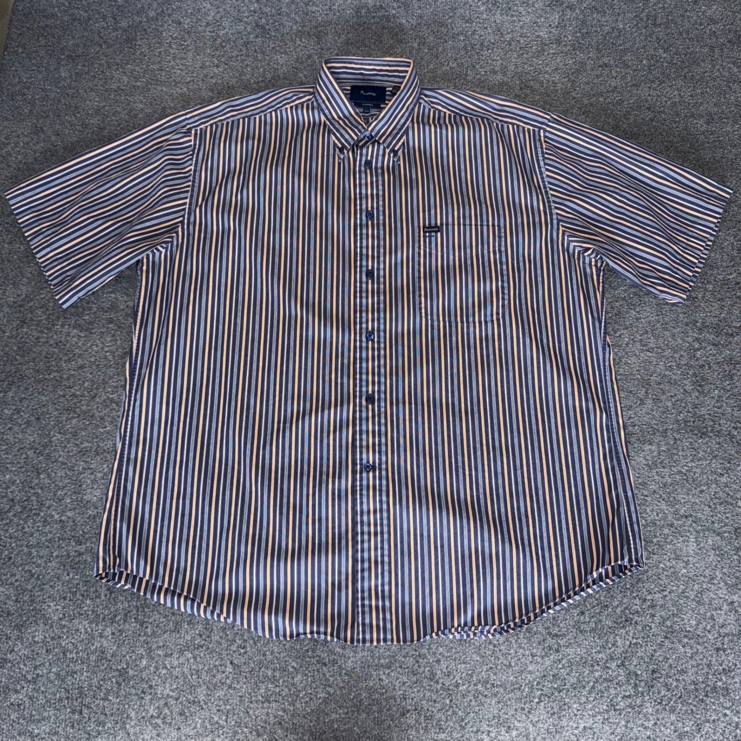 Faconnable Classique Mens XXL Short Sleeve Stripe Button Down Shirt Navy Orange