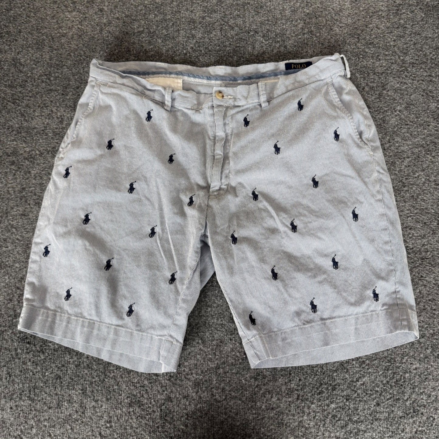 Polo Ralph Lauren Seersucker Shorts Mens 38 Blue Striped AOP Pony Embroidered