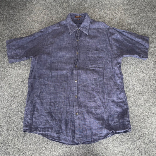 Tasso Elba Men Medium 100% Linen Blue Short Sleeve Button Up Shirt Casual Summer