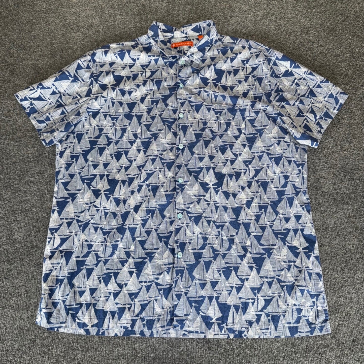 Tori Richard Sailboat Shirt Mens XL Blue Short Sleeve Button Up Hawaiian Casual
