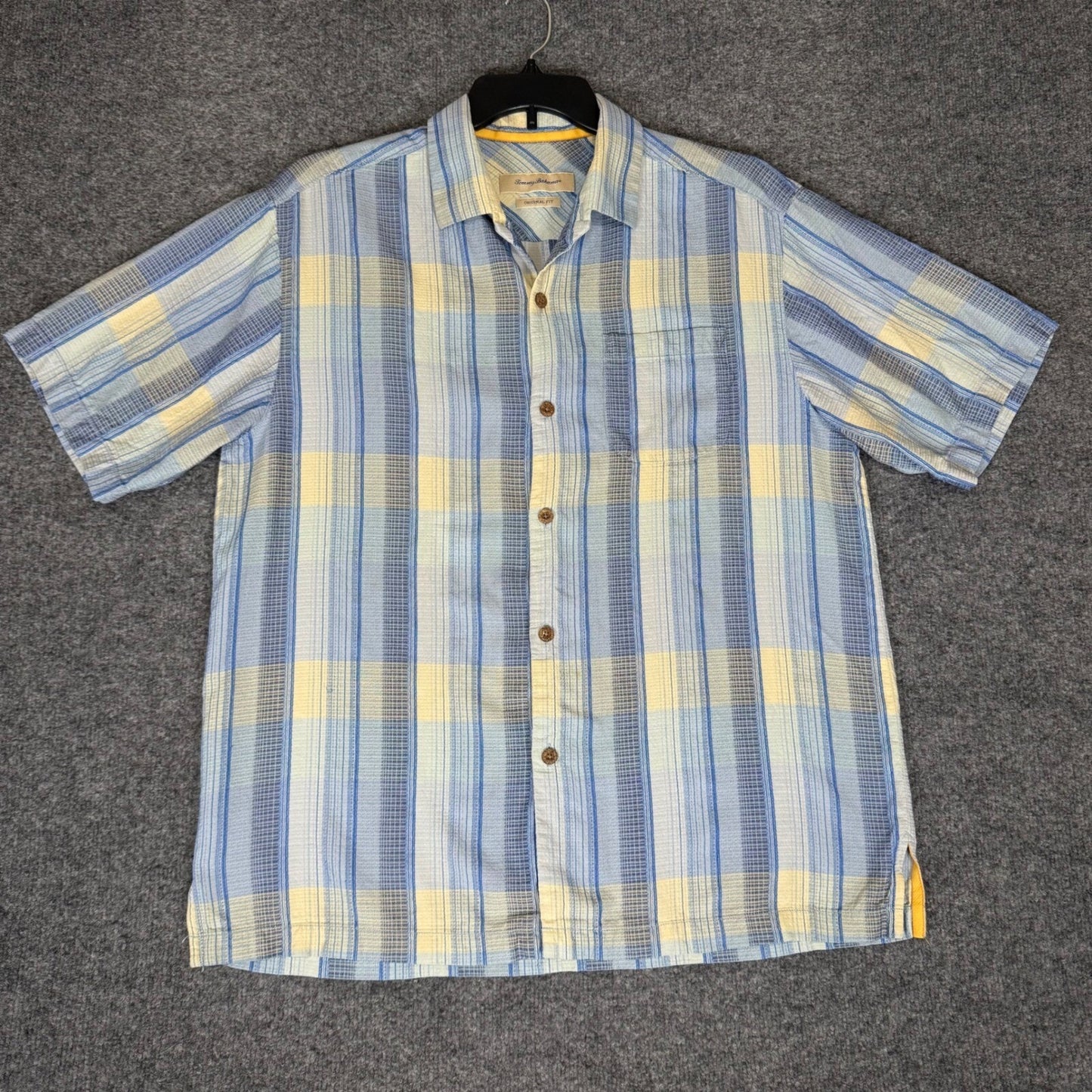 Tommy Bahama Silk Shirt Plaid Short Sleeve Button Up Casual Men's Blue Large