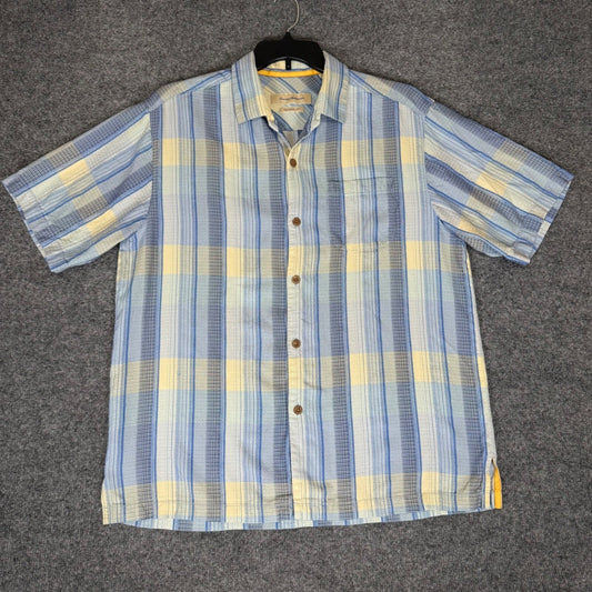 Tommy Bahama Silk Shirt Plaid Short Sleeve Button Up Casual Men's Blue Large