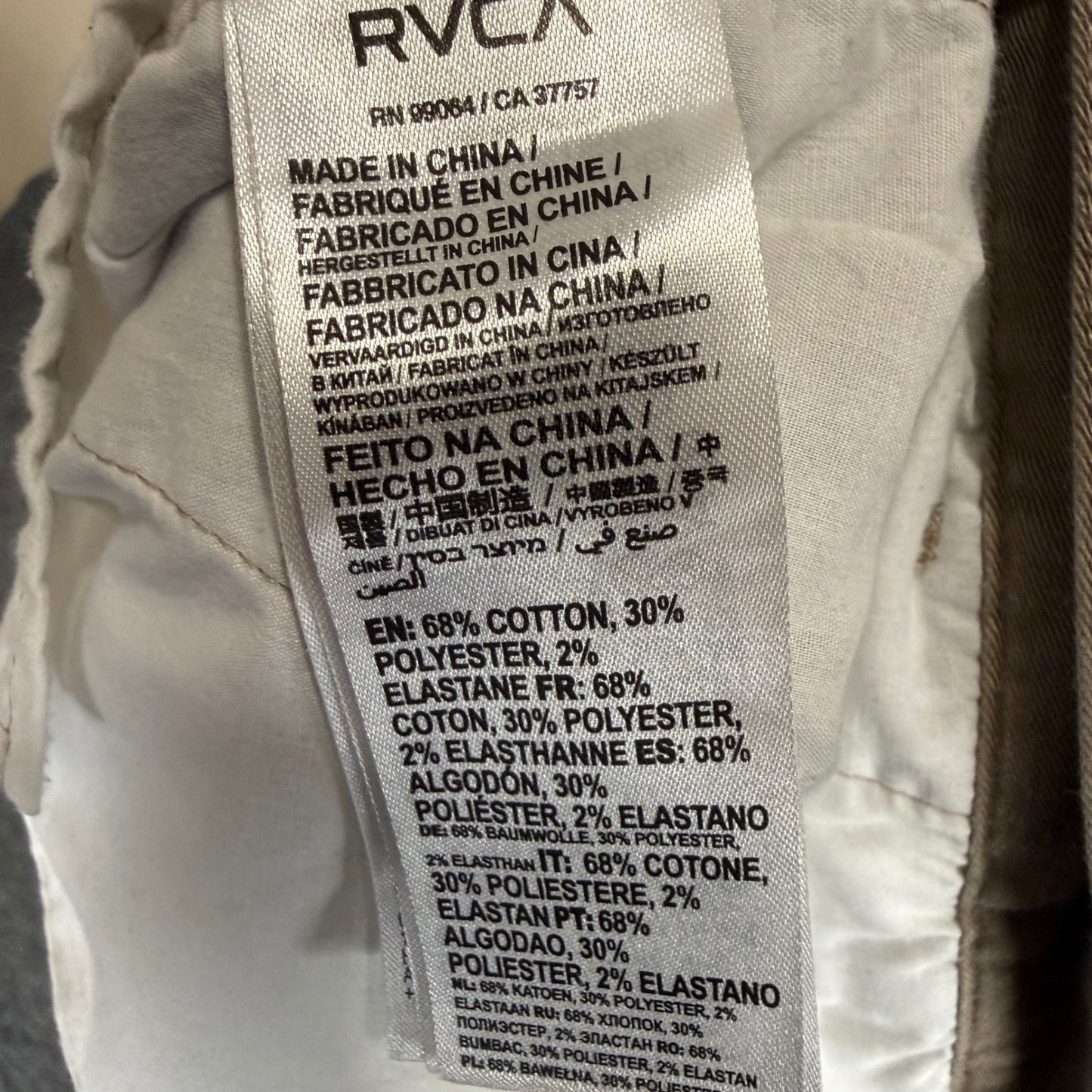 RVCA Weekend Fit Khaki Shorts Mens 36 Casual Chino Cotton Stretch Skate Grunge
