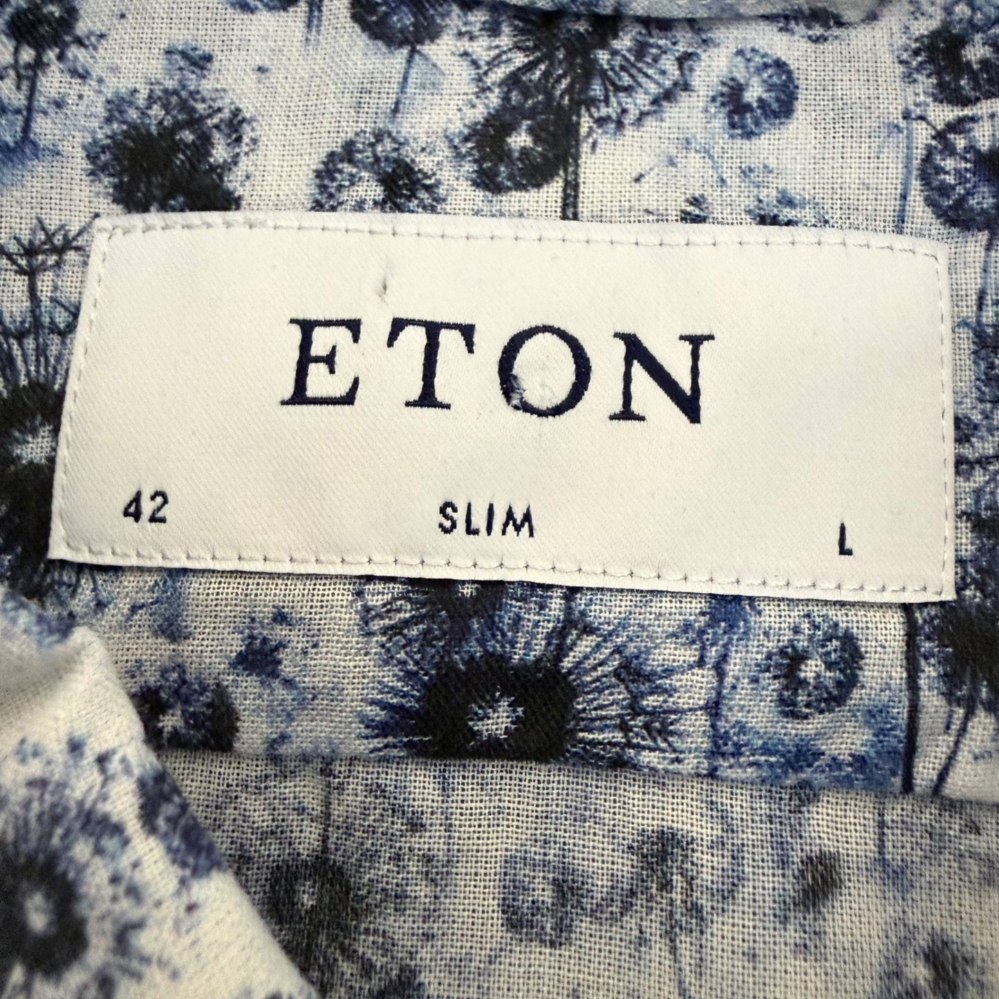 ETON Shirt Mens Large Size 42 16.5 Blue Floral Slim Fit Short Sleeve Button Down