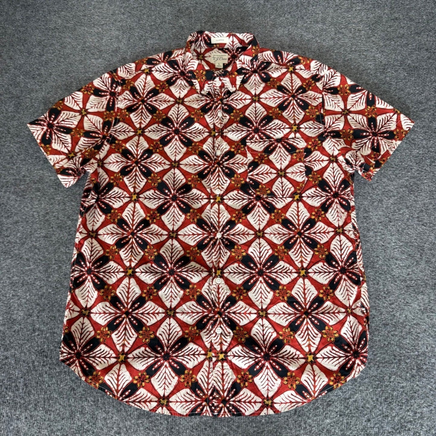 J.Crew Mens Classic Cotton Batik Floral Short Sleeve Button Up Red Large Casual