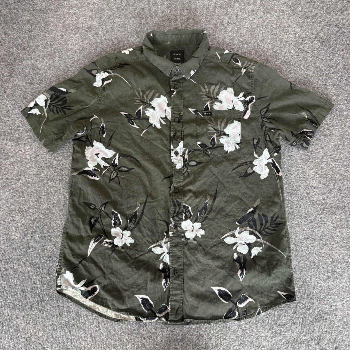 RVCA Mens M Olive Floral Short Sleeve Button Up Shirt Skate Surf Beach Tropical