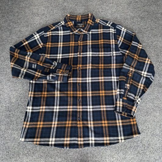 Eddie Bauer Mens XL Flannel Shirt Navy Blue Brown Plaid Long Sleeve Button Down