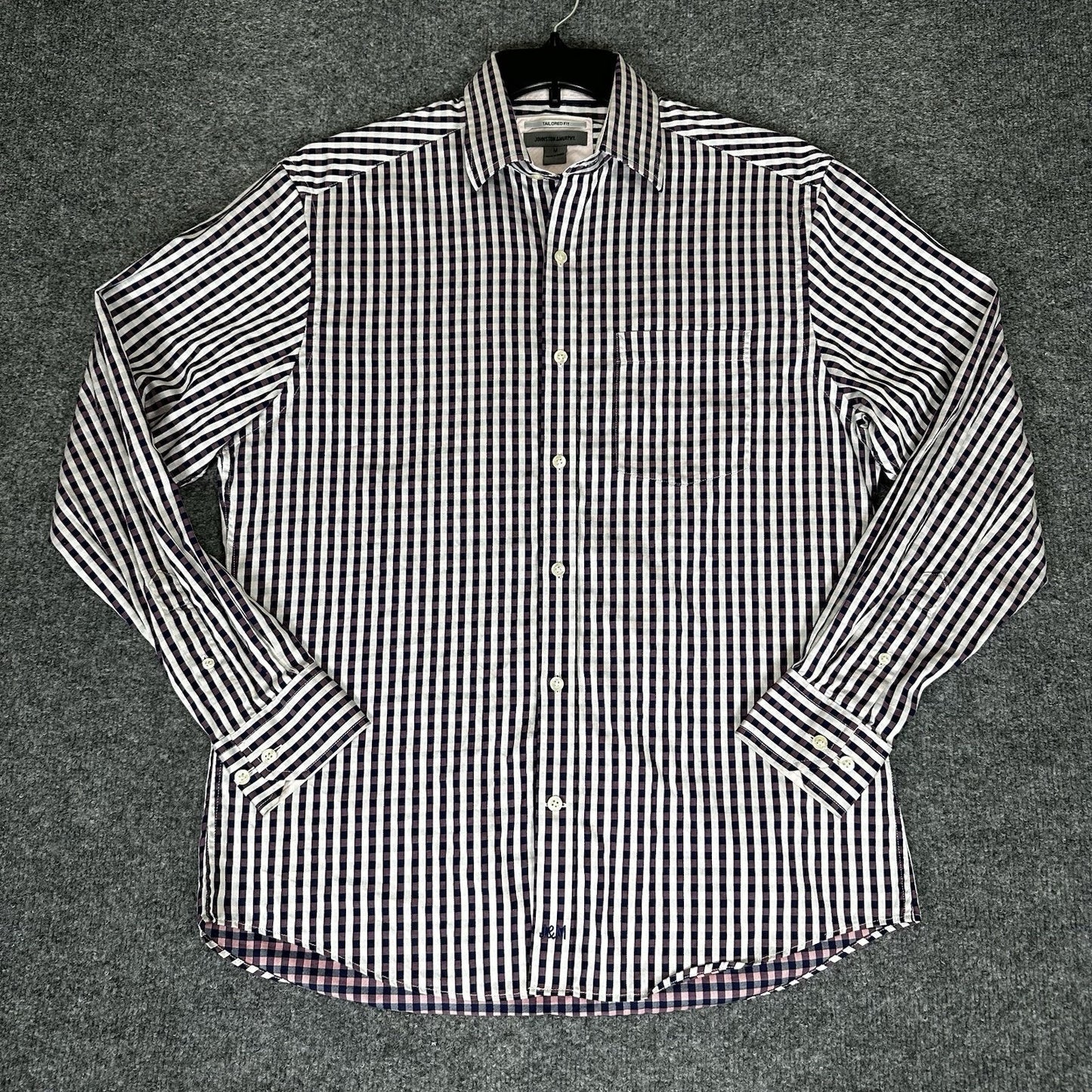 Johnston & Murphy Dress Shirt Mens Medium Purple Gingham Tailored Fit Button Up