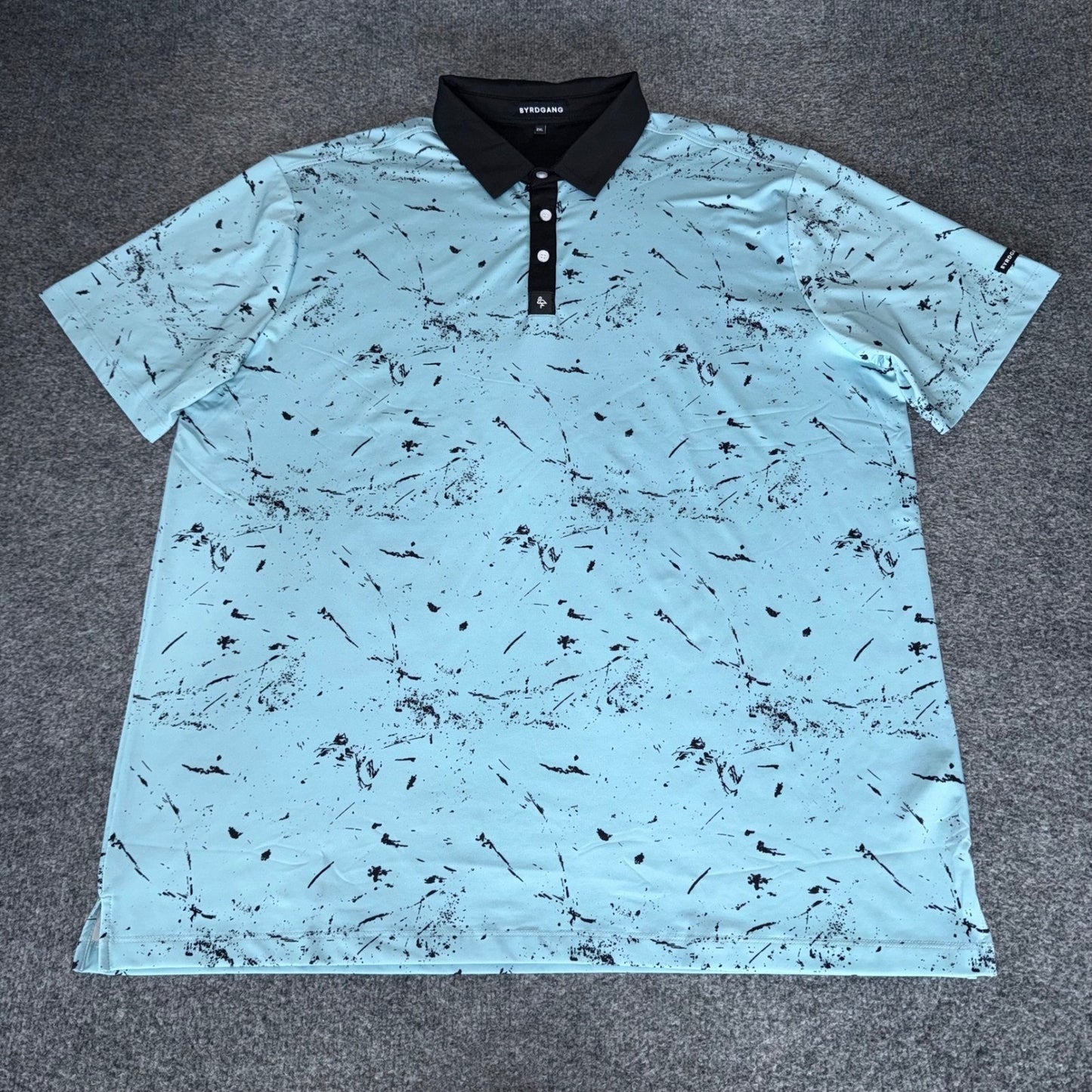 Byrdgang Mens 2XL Golf Polo Shirt Blue Black Paint Splatter Short Sleeve Stretch