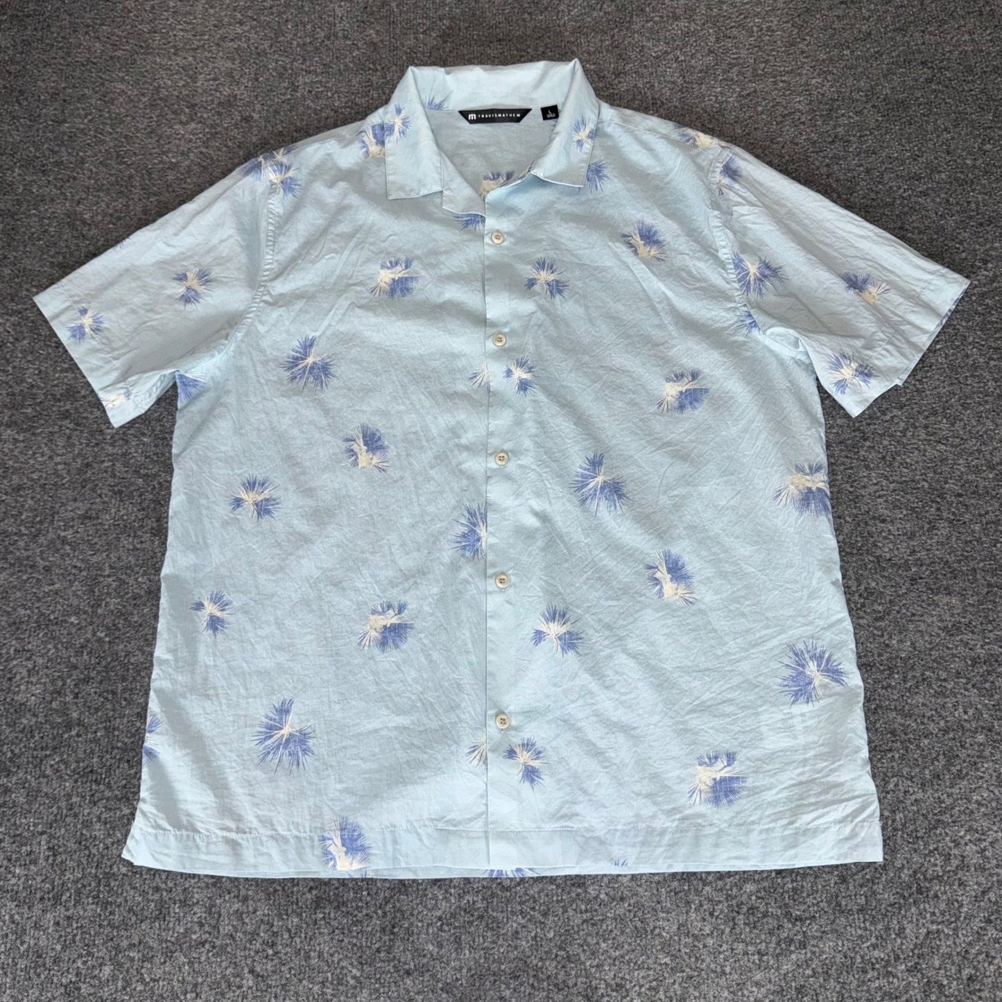 Travis Mathew Hawaiian Shirt Mens Large Blue Floral Short Sleeve Button Up Golf