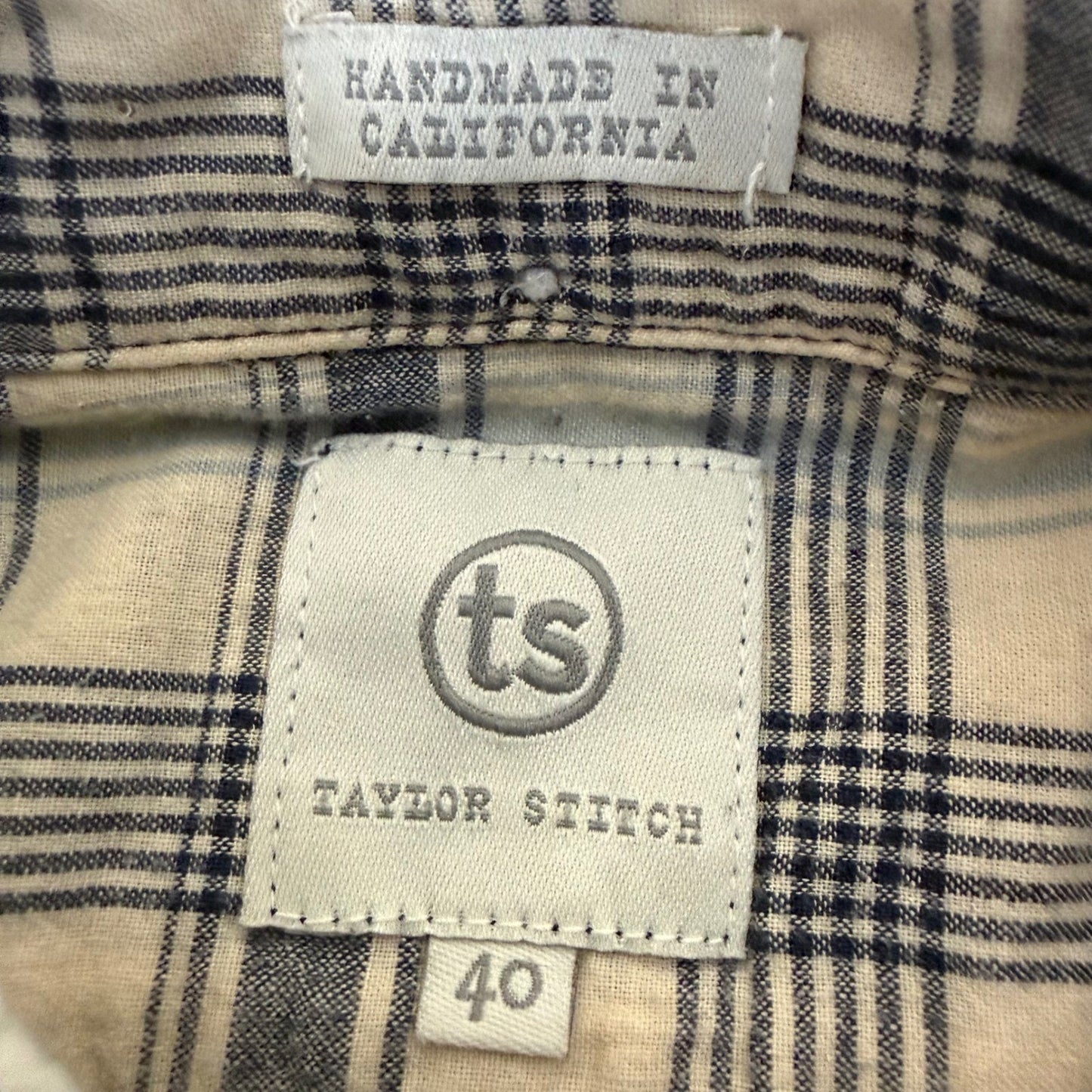 Taylor Stitch Mens 40 Plaid Button Down Shirt Cream Blue Cotton Medium Casual