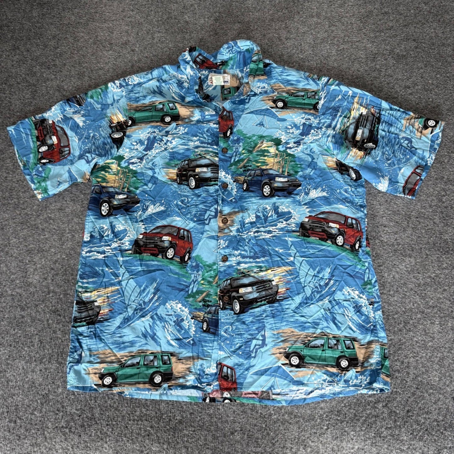 Reyn Spooner Land Rover Rayon Hawaiian Shirt Mens Large Blue Short Sleeve Beach