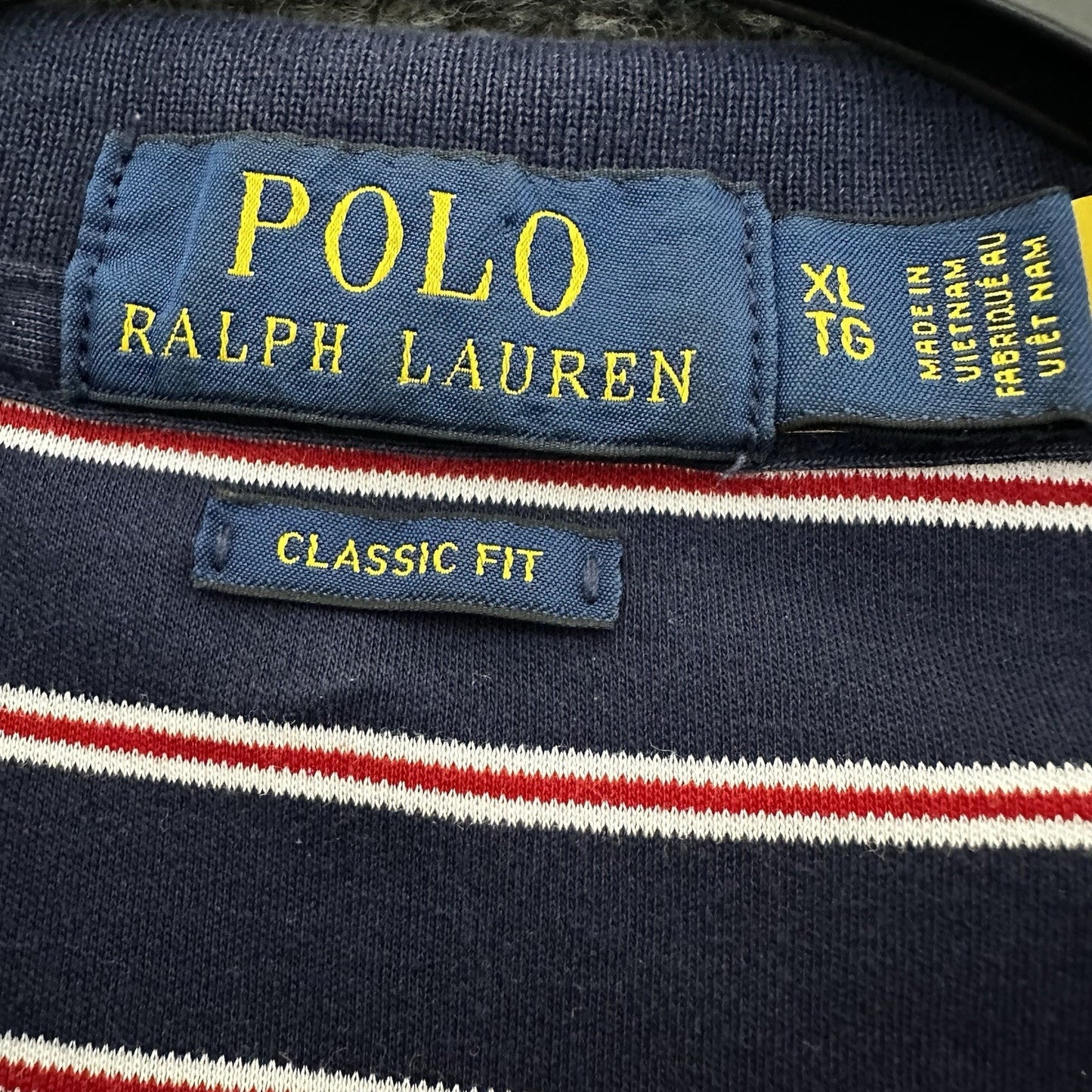 Ralph Lauren Polo Shirt Men's XL Navy Blue Red Striped Flesh Pony Short Sleeve