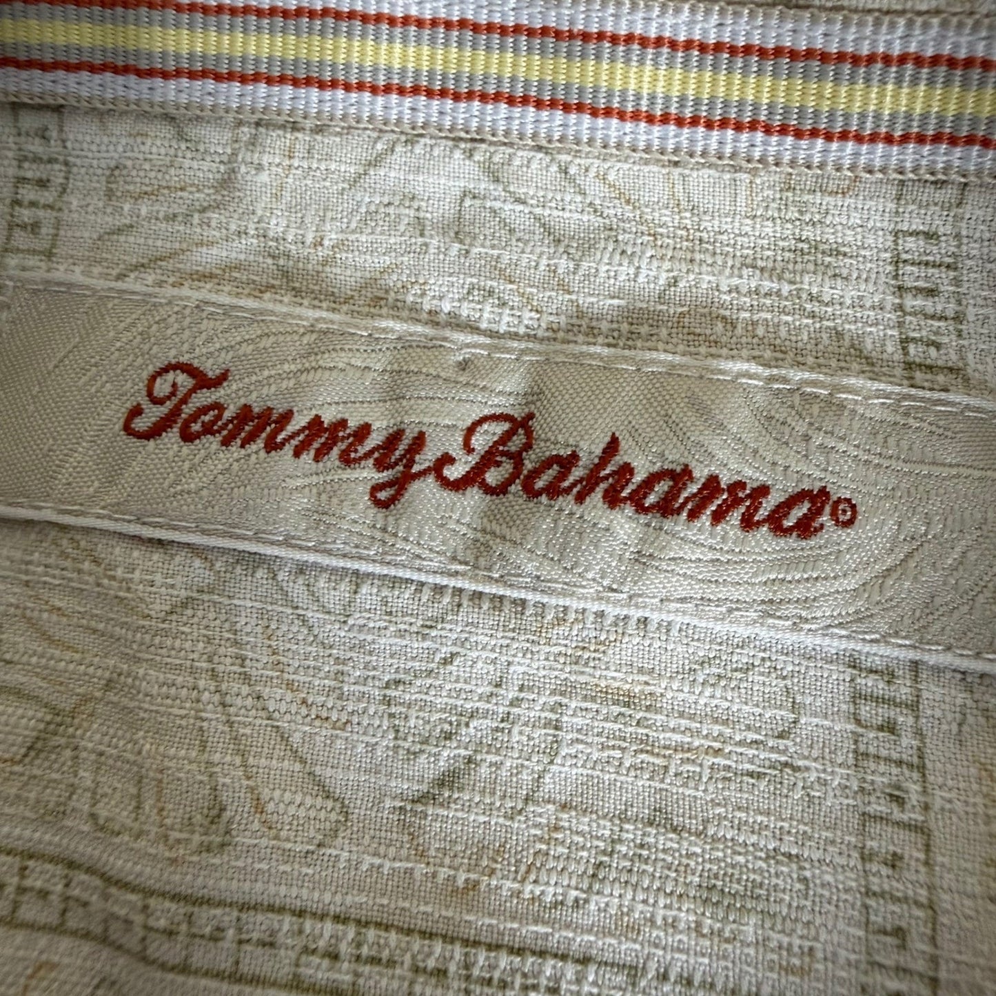 Tommy Bahama Mens Silk Camp Shirt Large Beige Green Geometric Short Sleeve Aloha