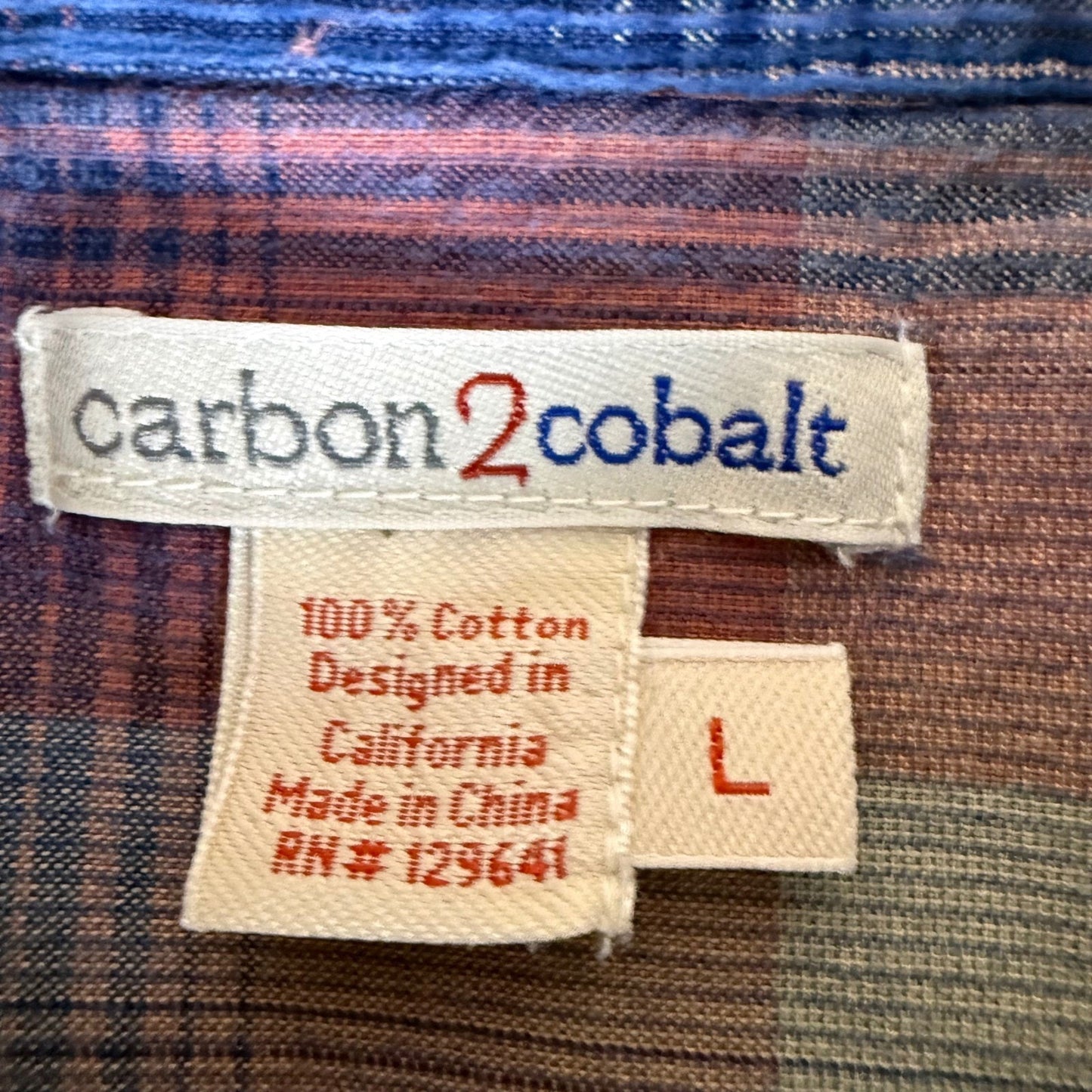 Carbon 2 Cobalt Mens L Plaid Button Up Shirt Blue Red Cotton Long Sleeve Casual