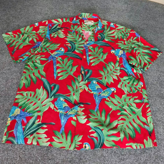 Paradise Found Hawaiian Shirt Mens XL Red Parrot Tropical Aloha Button Up Resort