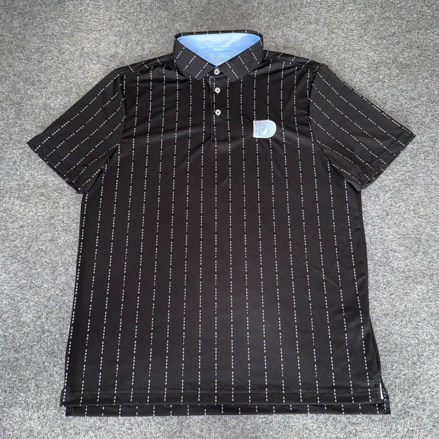 Good Good Golf Mens Large Horsemen Polo Shirt Black Pinstripe Short Sleeve Large