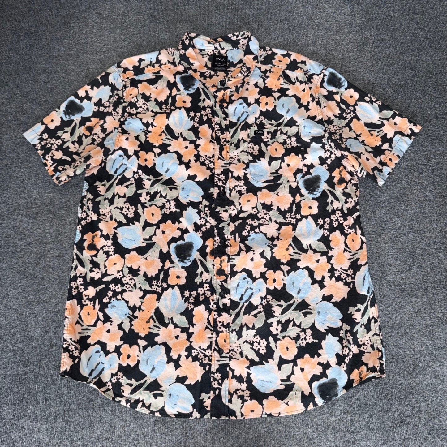 RVCA Mens XXL Regular Fit Floral Print Short Sleeve Button Up Shirt Black Peach