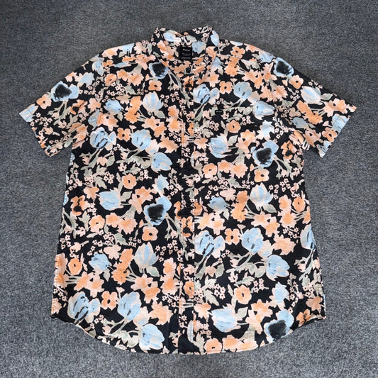 RVCA Mens XXL Regular Fit Floral Print Short Sleeve Button Up Shirt Black Peach