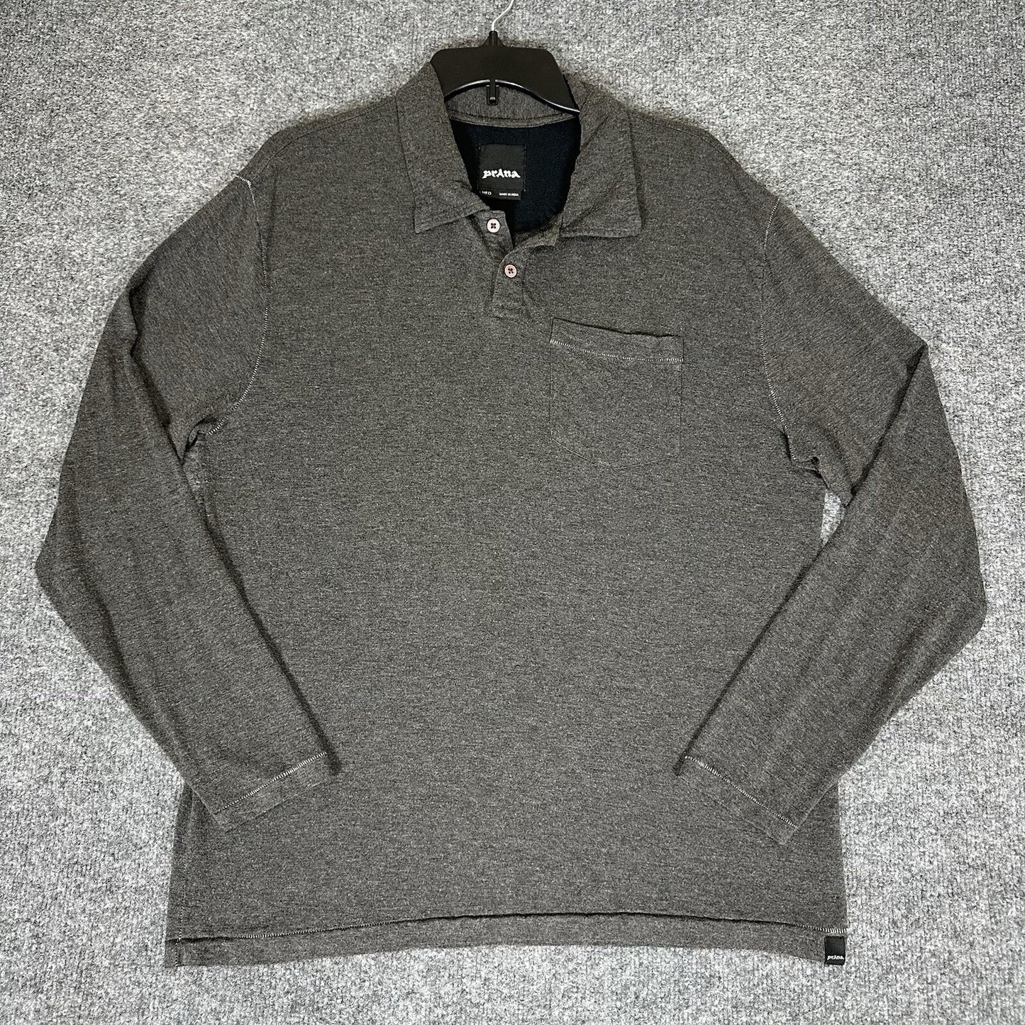 prAna Polo Short Mens M Grey Solid Long Sleeve Pocket Gorpcore Pullover Adult