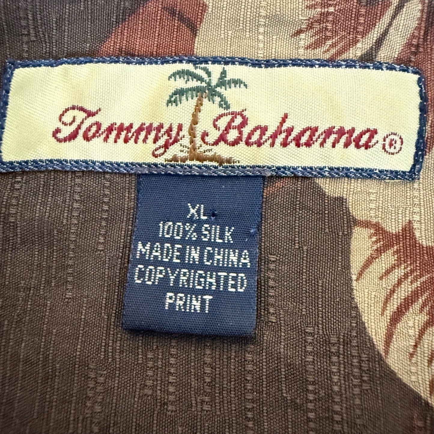 Tommy Bahama Hawaiian Shirt Men XL Brown 100% Silk Palm Tree Floral Aloha Resort