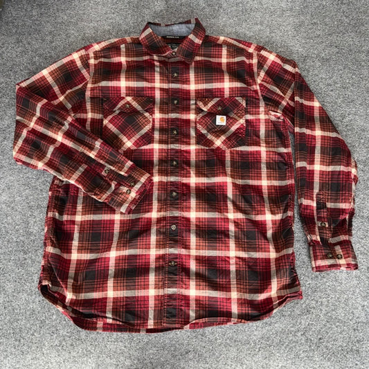 Carhartt Rugged Flex Mens XL Tall Red Plaid Work Shirt Relaxed Fit Long Sleeve