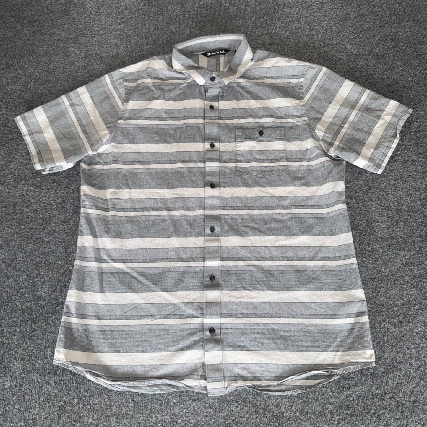 Travis Mathew Shirt Mens XL Gray Striped Button Up Short Sleeve Casual Everyday