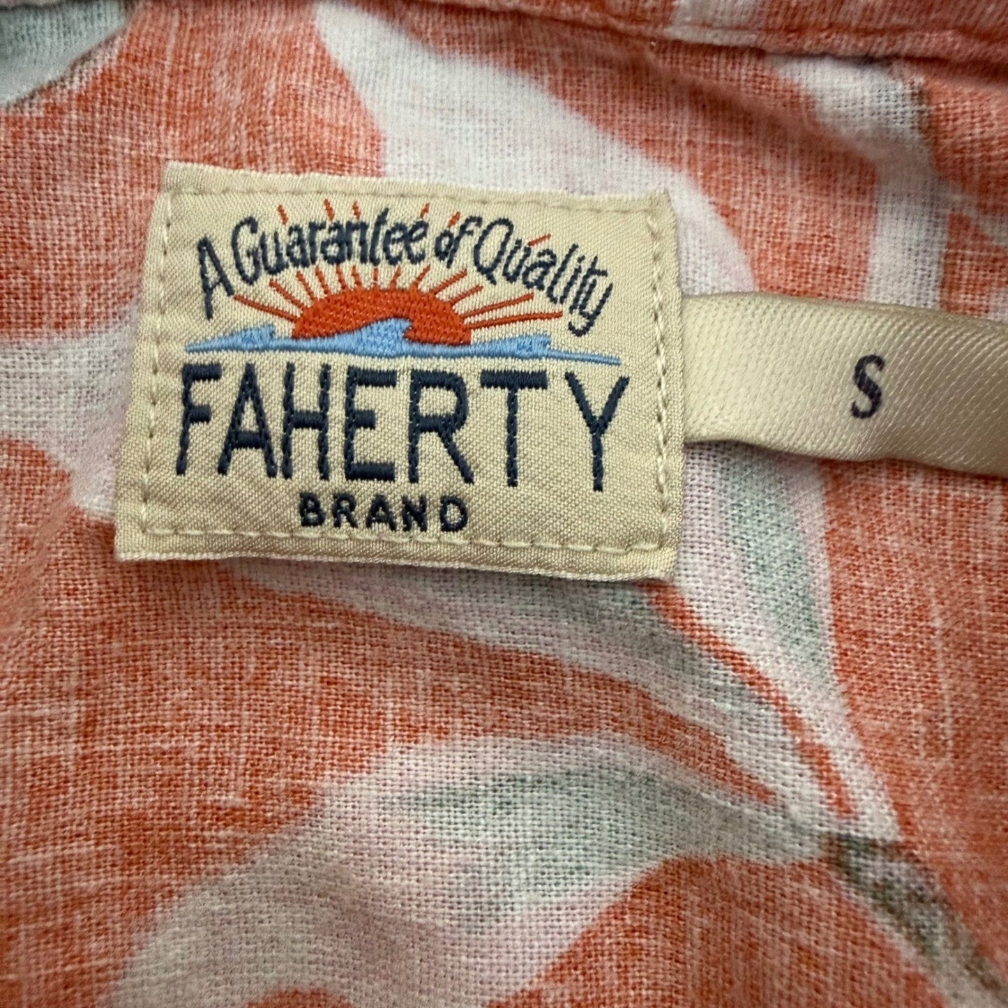 Faherty Breeze Shirt Mens Small Orange Floral Linen Blend Short Sleeve Button Up