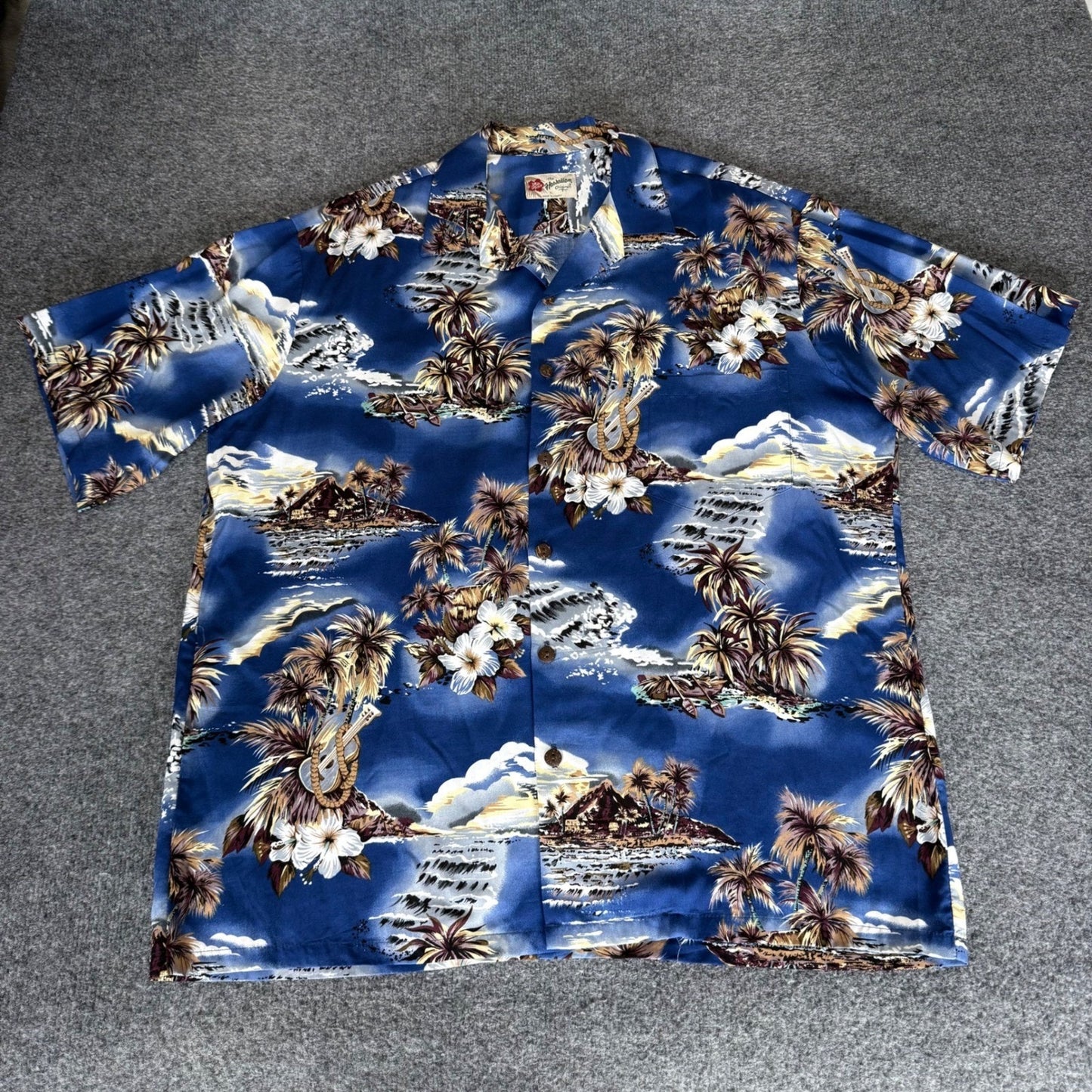 Hilo Hattie Mens XL Blue Hawaiian Shirt Rayon Tropical Ukulele Aloha Button Up