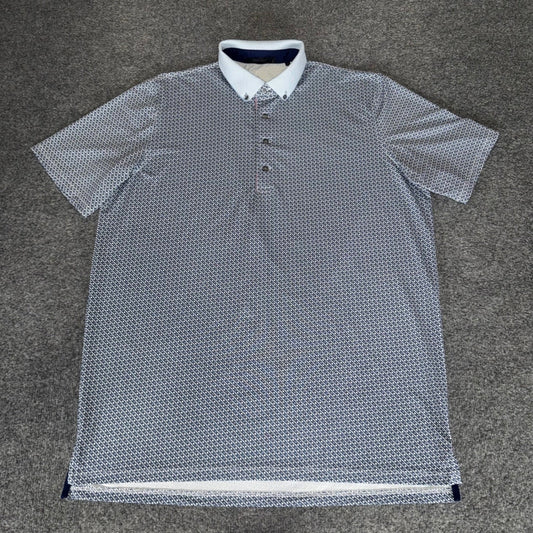 Greyson Mens Large Blue White Geometric Chain Link Print Golf Polo Shirt Stretch