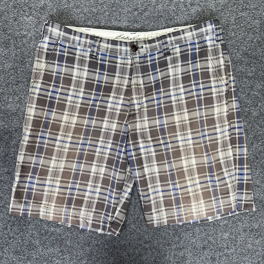 Eddie Bauer Shorts Mens 38 (36x9) Blue Grey Plaid Legend Wash Flat Front Adult