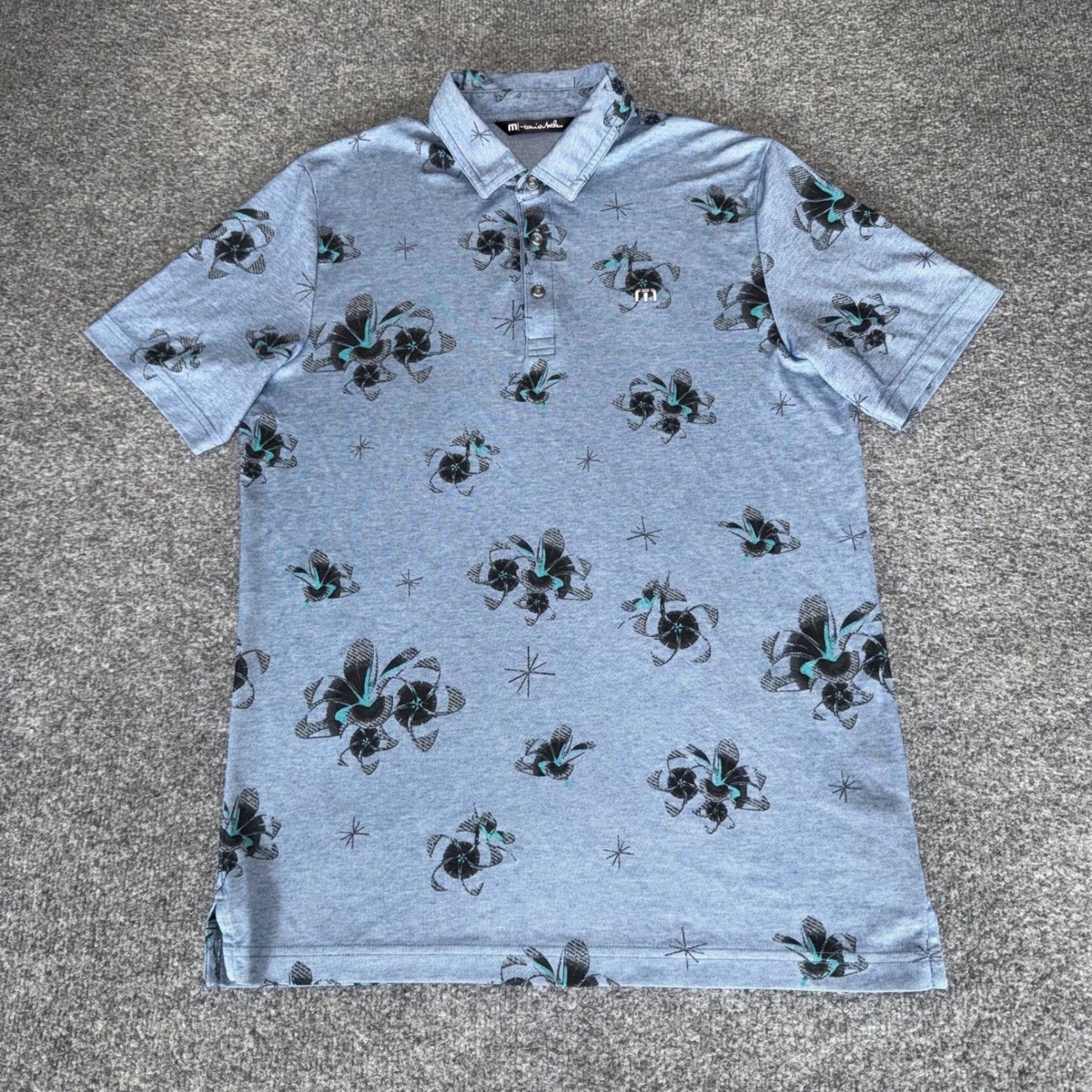 Travis Mathew Polo Shirt Mens Medium Blue Floral Golf Stretch Casual Athletic