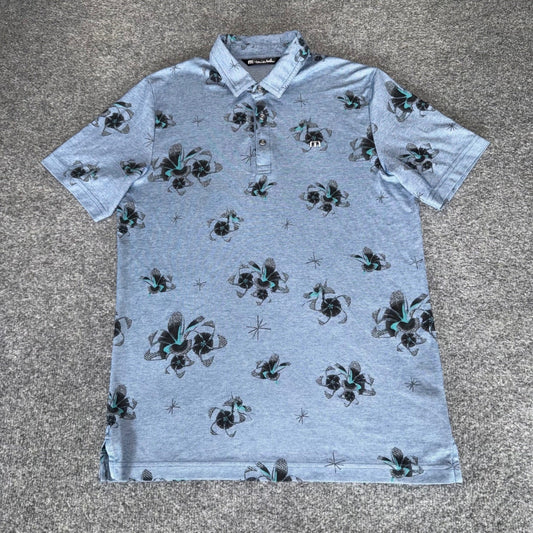 Travis Mathew Polo Shirt Mens Medium Blue Floral Golf Stretch Casual Athletic