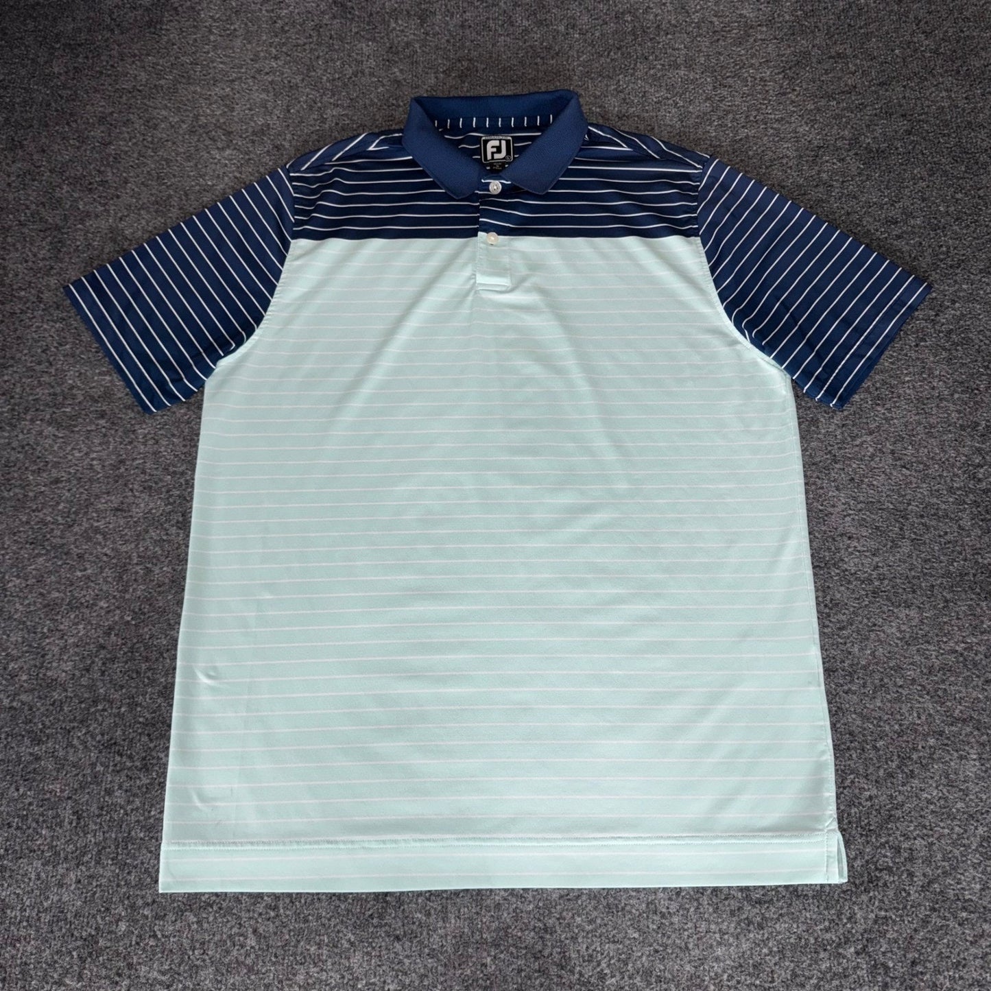 FootJoy Mens Large Athletic Fit Striped Golf Polo Shirt Mint Navy Blue Stretch