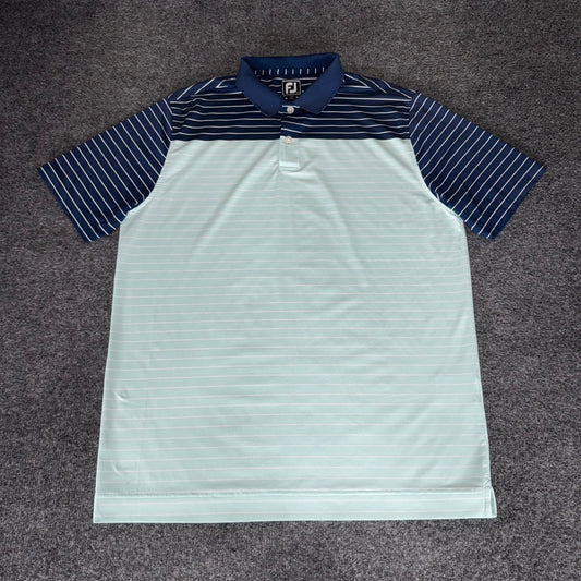 FootJoy Mens Large Athletic Fit Striped Golf Polo Shirt Mint Navy Blue Stretch