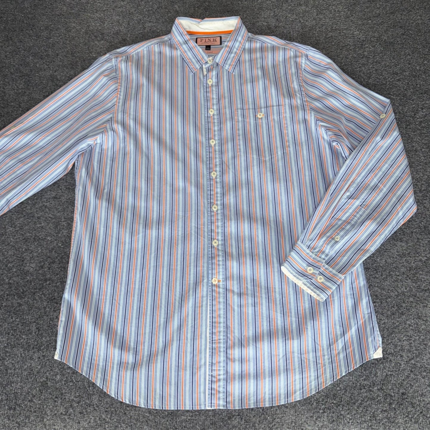Thomas Pink Shirt Mens L Blue Striped Luxury Dress Office Business Casual Cotton